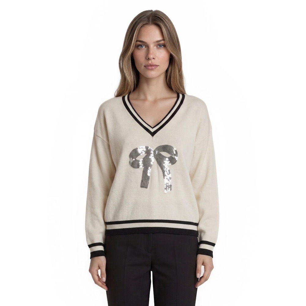 NWT Grace + Emma Sequin Bow Sweater Women's Size Large Cream  Varsity Holiday